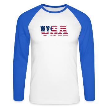 Stars & Stripes Lettermark USA - Unisex Baseballshirt langarm - Weiß/Royalblau - Vorne - Nik (191cm)
