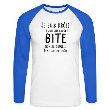 Je suis drôle et j'ai une grosse bite - T-shirt baseball manches longues Homme - blanc/bleu royal - Devant - Nik (191cm)