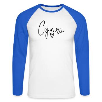 Cymru Calon Pays de Galles Coeur - T-shirt baseball manches longues Homme - blanc/bleu royal - Devant - Nik (191cm)