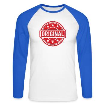 Ursprüngliches Grunge-Gummistempel-Abzeichen-Vektordesign - Unisex Baseballshirt langarm - Weiß/Royalblau - Vorne - Nik (191cm)