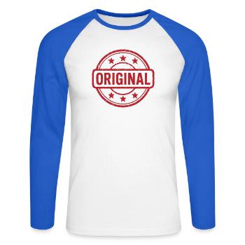 Ursprüngliches Grunge-Gummistempel-Abzeichen-Vektordesign - Unisex Baseballshirt langarm - Weiß/Royalblau - Vorne - Nik (191cm)