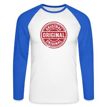 Ursprüngliches Grunge-Gummistempel-Abzeichen-Vektordesign - Unisex Baseballshirt langarm - Weiß/Royalblau - Vorne - Nik (191cm)