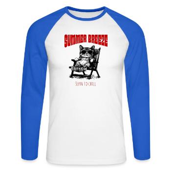 Summer Breeze - Entspannte Katze im Sonnenstuhl - Unisex Baseballshirt langarm - Weiß/Royalblau - Vorne - Nik (191cm)