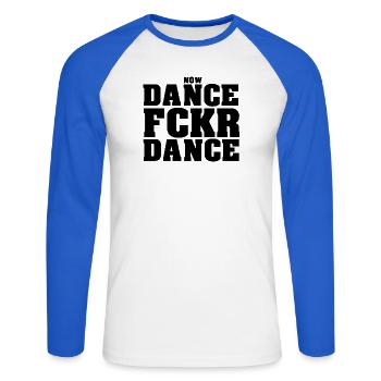 Danse Fckr Danse - T-shirt baseball manches longues Homme - blanc/bleu royal - Devant - Nik (191cm)