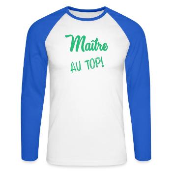 MAÎTRE. MERCI. MERCI MAÎTRE. MAITRE. CADEAU MAÎTRE - T-shirt baseball manches longues Homme - blanc/bleu royal - Devant - Nik (191cm)