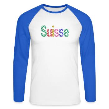 SUISSE. HUMOUR. PAYS. DRAPEAU. GENEVE. LAUSANNE - T-shirt baseball manches longues Homme - blanc/bleu royal - Devant - Nik (191cm)