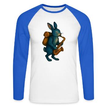 Lapin Bleu avec Saxophone - T-shirt baseball manches longues Homme - blanc/bleu royal - Devant - Nik (191cm)