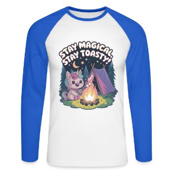 Bleiben Sie magisch, bleiben Sie warm! - Unisex Baseballshirt langarm - Weiß/Royalblau - Vorne - Nik (191cm)