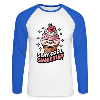 Bleib cool, Süßer! - Unisex Baseballshirt langarm - Weiß/Royalblau - Vorne - Nik (191cm)