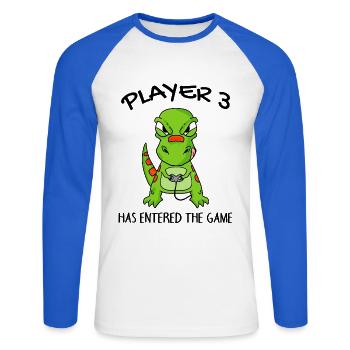 Spieler 3 hat das Spiel Betreten Baby Dinosaurier - Unisex Baseballshirt langarm - Weiß/Royalblau - Vorne - Nik (191cm)