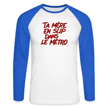 Provocation Métro: Mère en Slip - T-shirt baseball manches longues Homme - blanc/bleu royal - Devant - Nik (191cm)