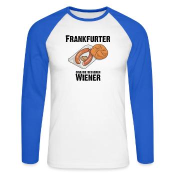 Frankfurter sind die besseren Wiener Würstchen - Unisex Baseballshirt langarm - Weiß/Royalblau - Vorne - Nik (191cm)