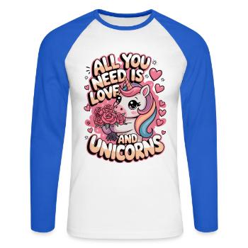 Alles, was du brauchst, ist Liebe und Einhörner - Unisex Baseballshirt langarm - Weiß/Royalblau - Vorne - Nik (191cm)