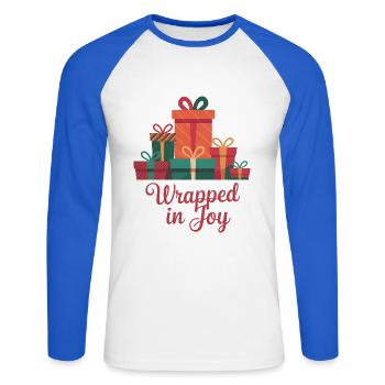 Wrapped In Joy - Unisex Long Sleeve Baseball T-Shirt - white/royal blue - Front - Nik (191cm)