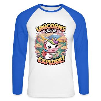 Einhörner lieben es zu erkunden! - Unisex Baseballshirt langarm - Weiß/Royalblau - Vorne - Nik (191cm)