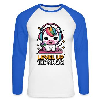 Passez au niveau supérieur de la magie ! - T-shirt baseball manches longues Homme - blanc/bleu royal - Devant - Nik (191cm)