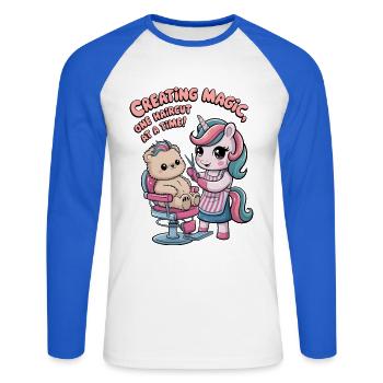 Créer de la magie, une coupe de cheveux à la fois ! - T-shirt baseball manches longues Homme - blanc/bleu royal - Devant - Nik (191cm)