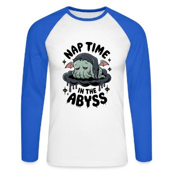 L’heure de la sieste dans l’abîme - T-shirt baseball manches longues Homme - blanc/bleu royal - Devant - Nik (191cm)