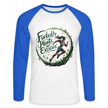 Fueled By Plants Not Excuses - Unisex Long Sleeve Baseball T-Shirt - white/royal blue - Front - Nik (191cm)