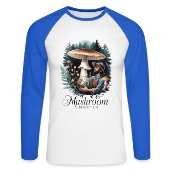 Pilzmeister - Unisex Baseballshirt langarm - Weiß/Royalblau - Vorne - Nik (191cm)