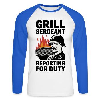 Grill Sergeant Reporting For Duty - Unisex Long Sleeve Baseball T-Shirt - white/royal blue - Front - Nik (191cm)