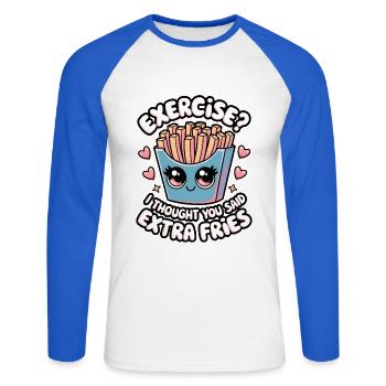 Übung? Ich dachte, du hättest extra Pommes gesagt - Unisex Baseballshirt langarm - Weiß/Royalblau - Vorne - Nik (191cm)