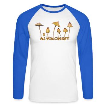 Magic Mushrooms Zauberpilze Psylos Pilze Party Fun - Unisex Baseballshirt langarm - Weiß/Royalblau - Vorne - Nik (191cm)