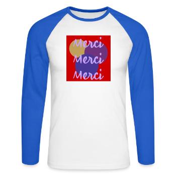 MERCI. MAÎTRESSE. MAÎTRE. MERCI MAÎTRESSE - T-shirt baseball manches longues Homme - blanc/bleu royal - Devant - Nik (191cm)