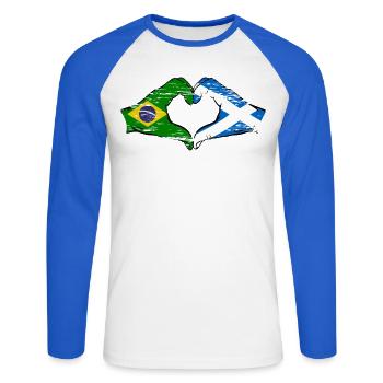 Brésil Ecosse drapeau mains forme de coeur utilisé - T-shirt baseball manches longues Homme - blanc/bleu royal - Devant - Nik (191cm)