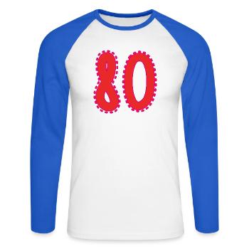 80. 80 ANS. 80e ANNIVERSAIRE. ANNIVERSAIRE 80 ANS. - T-shirt baseball manches longues Homme - blanc/bleu royal - Devant - Nik (191cm)