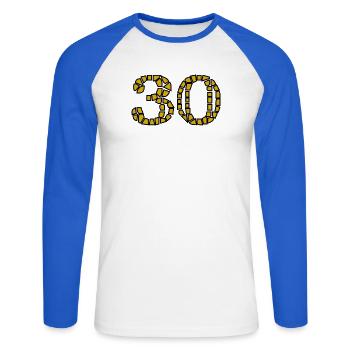 30. 30 ANS. 30e ANNIVERSAIRE. ANNIVERSAIRE 30 ANS. - T-shirt baseball manches longues Homme - blanc/bleu royal - Devant - Nik (191cm)