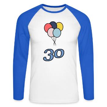 30. 30 ANS. 30e ANNIVERSAIRE. ANNIVERSAIRE 30 ANS. - T-shirt baseball manches longues Homme - blanc/bleu royal - Devant - Nik (191cm)
