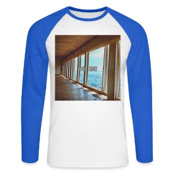 Тhe end | Liminal Space Sticker - Unisex Long Sleeve Baseball T-Shirt - white/royal blue - Front - Nik (191cm)