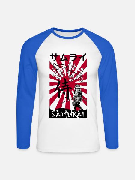 Samurai im Kirschblütenrot - Unisex Baseballshirt langarm - Weiß/Royalblau