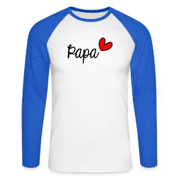 VATERTAG. ALLES GUTE ZUM GEBURTSTAG, PAPA. PAPA. ALLES GUTE ZUM GEBURTSTAG! - Unisex Baseballshirt langarm - Weiß/Royalblau - Vorne - Nik (191cm)