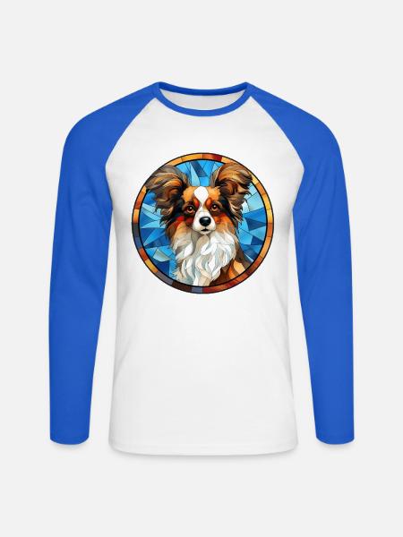 Papillon Hunderasse Aquarellglas - Unisex Baseballshirt langarm - Weiß/Royalblau