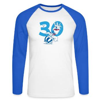 Asterix & Obelix 30. Geburtstag Design - Unisex Baseballshirt langarm - Weiß/Royalblau - Vorne - Nik (191cm)