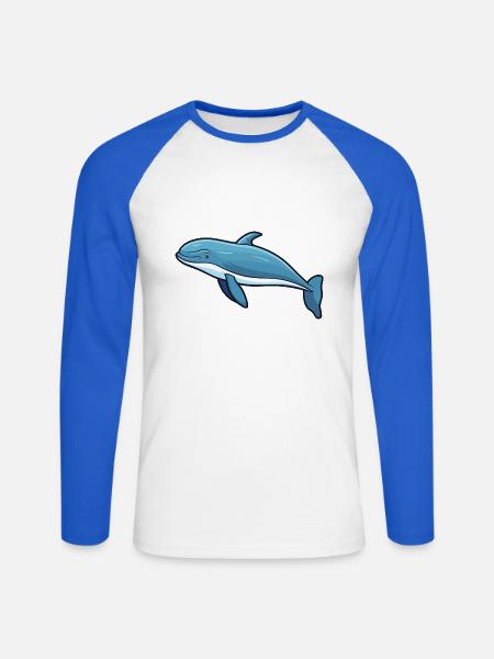Buckelwal-Karikatur-Kawaii-Illustration - Unisex Baseballshirt langarm - Weiß/Royalblau