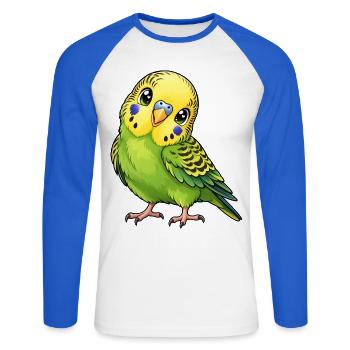Grüner Wellensittich im Kawaii-Stil - Unisex Baseballshirt langarm - Weiß/Royalblau - Vorne - Nik (191cm)