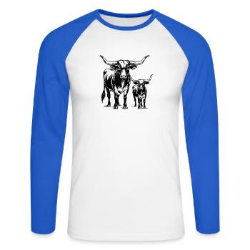 Longhorn-Kuh-und-Kalb-Paar - Unisex Baseballshirt langarm - Weiß/Royalblau - Vorne - Nik (191cm)