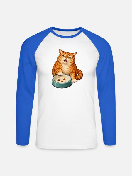 Futternapf-Drama – Empörte orange Katze - Unisex Baseballshirt langarm - Weiß/Royalblau
