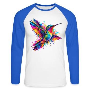 Kolibri – Buntes Neon Graffiti Vogelmotiv - Unisex Baseballshirt langarm - Weiß/Royalblau - Vorne - Nik (191cm)