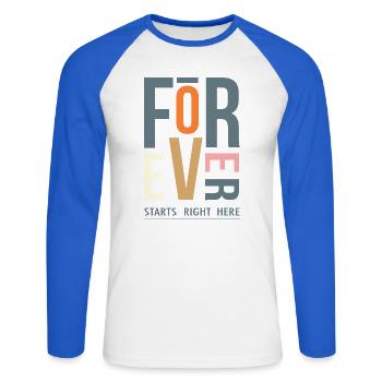 Modernes Geometrisches Spruch Forever - Unisex Baseballshirt langarm - Weiß/Royalblau - Vorne - Nik (191cm)