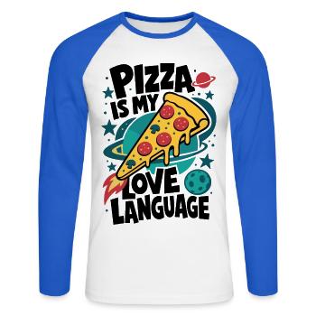 Pizza Is My Love Language – Pizzarakete - Unisex Baseballshirt langarm - Weiß/Royalblau - Vorne - Nik (191cm)