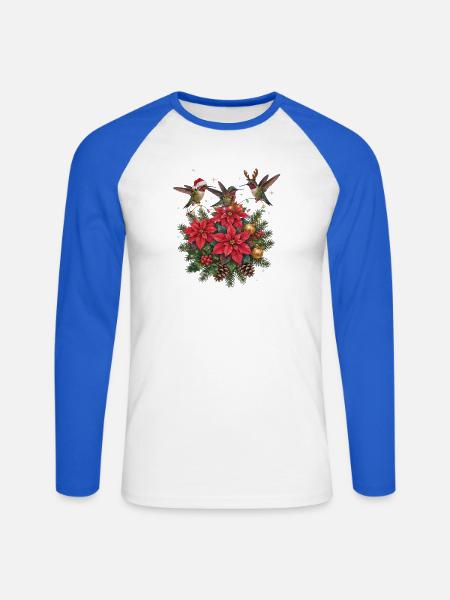 Kolibris mit Weihnachtssternen und Lichterkette - Unisex Baseballshirt langarm - Weiß/Royalblau