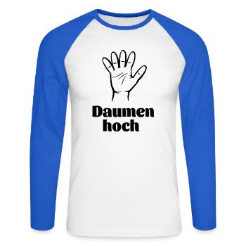 Daumen hoch - Unisex Baseballshirt langarm - Weiß/Royalblau - Vorne - Nik (191cm)