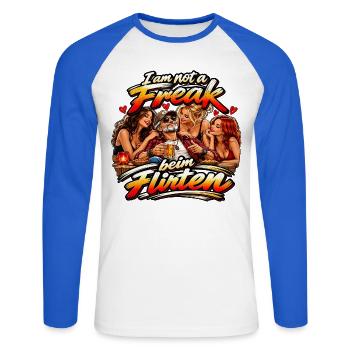Ich bin kein Freak beim Feiern - Unisex Baseballshirt langarm - Weiß/Royalblau - Vorne - Nik (191cm)