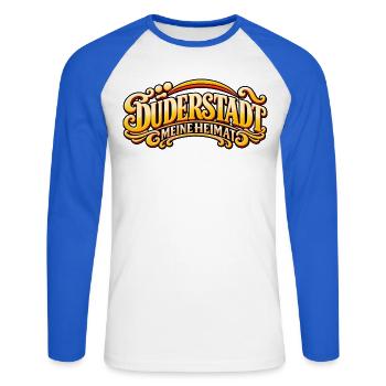 Duderstadt Meine Heimat – Retro Schriftzug - Unisex Baseballshirt langarm - Weiß/Royalblau - Vorne - Nik (191cm)