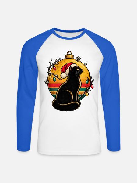 Schwarzer Kater im Weihnachtszauber - Unisex Baseballshirt langarm - Weiß/Royalblau