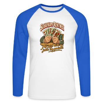 Schafkopf-Rentner Jeden Tag mischen - Unisex Baseballshirt langarm - Weiß/Royalblau - Vorne - Nik (191cm)